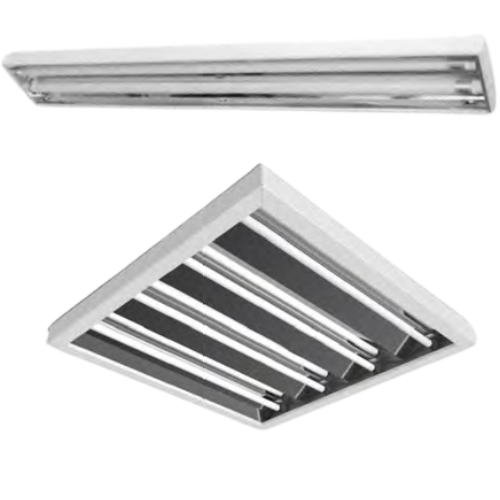 LUMINÁRIA DE SOBREPOR T8 COM REFLETOR FACETADO EM ALUMÍNIO BRILHANTE