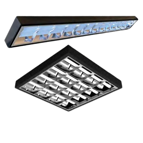 LUMINÁRIA DE SOBREPOR T8 PRETA COM ALETAS DE ALUMÍNIO BRILHANTE